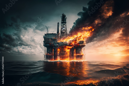 Accident Gas explosion on offshore petroleum platform, oil rig at sea water, sunset light. Generation AI