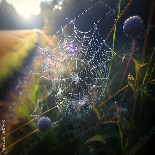 Spider web on a plant covered with morning dew, Generative AI