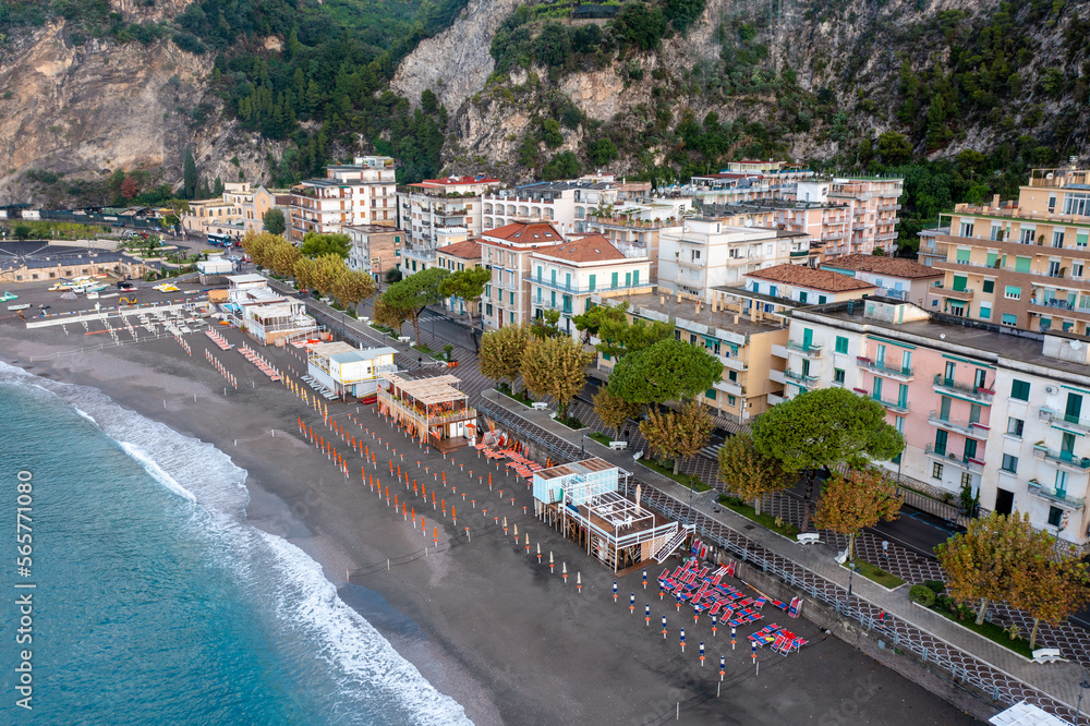 Fototapeta premium Aerial View of Maiori as the Ubrellas and Chairs are being set up in the morning Amalfi Coast Italy