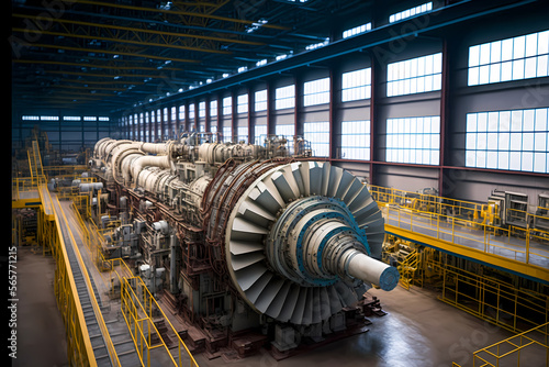 Turbine shop of energy power generation station. Disassembled turbine for repair and inspection. Generation AI