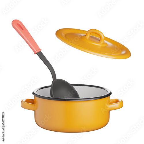 Plastic kitchen soup ladle inside an open pot with lid isolated on white. 3D render