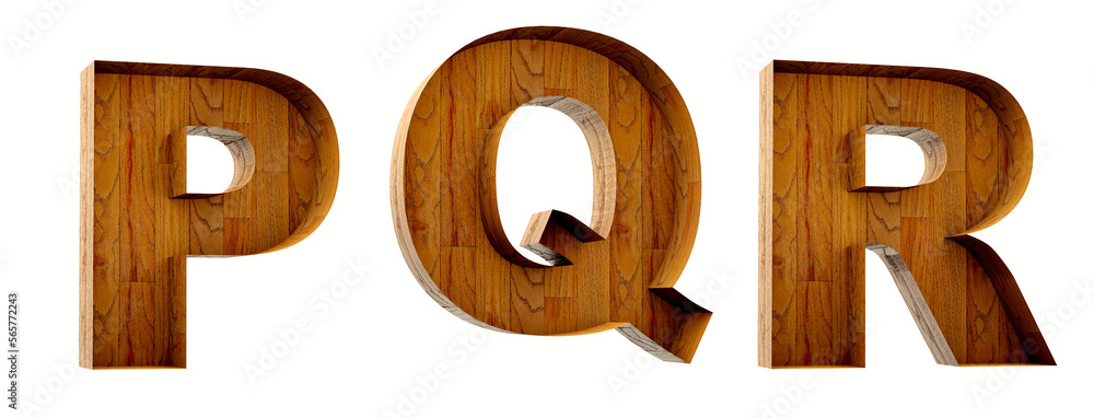 Fototapeta premium Wood alphabet. Box wood open. Letters P, Q, R in 3D Render wood.