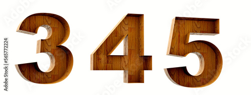 Wood alphabet. Box wood open. Numbers 3  4  5 in 3D Render wood.