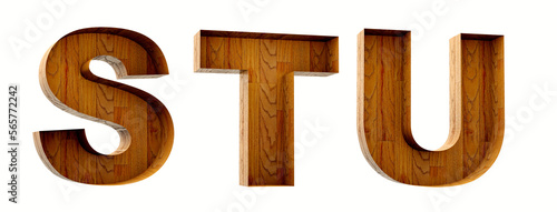 Canvastavla Wood alphabet. Box wood open. Letters S, T, U, in 3D Render wood.