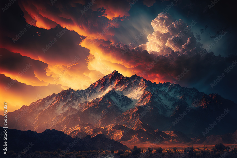 Majestic mountain range at sunset with a dramatic sky, mountain, sky, landscape, sunset, mountains, nature, cloud, snow, sunrise, clouds, view, travel, peak, sun, hill, panorama, alps, rock, valley, 