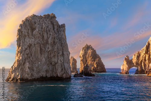 The El Arco Arch and the Friars Rock at the Land s End rock formations at twilight on the Baja Peninsula  at Cabo San Lucas  Mexico.