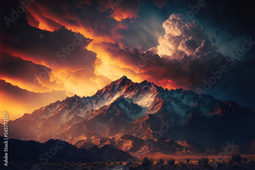 Majestic mountain range at sunset with a dramatic sky, mountain, sky, landscape, sunset, mountains, nature, cloud, snow, sunrise, clouds, view, travel, peak, sun, hill, panorama, alps, rock, valley, 