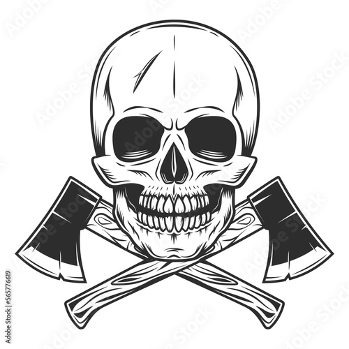 Skull and crossed metal ax with handle made of wood. Wooden axe construction builder tool. Element for business woodworking or lumberjack emblem or icon.