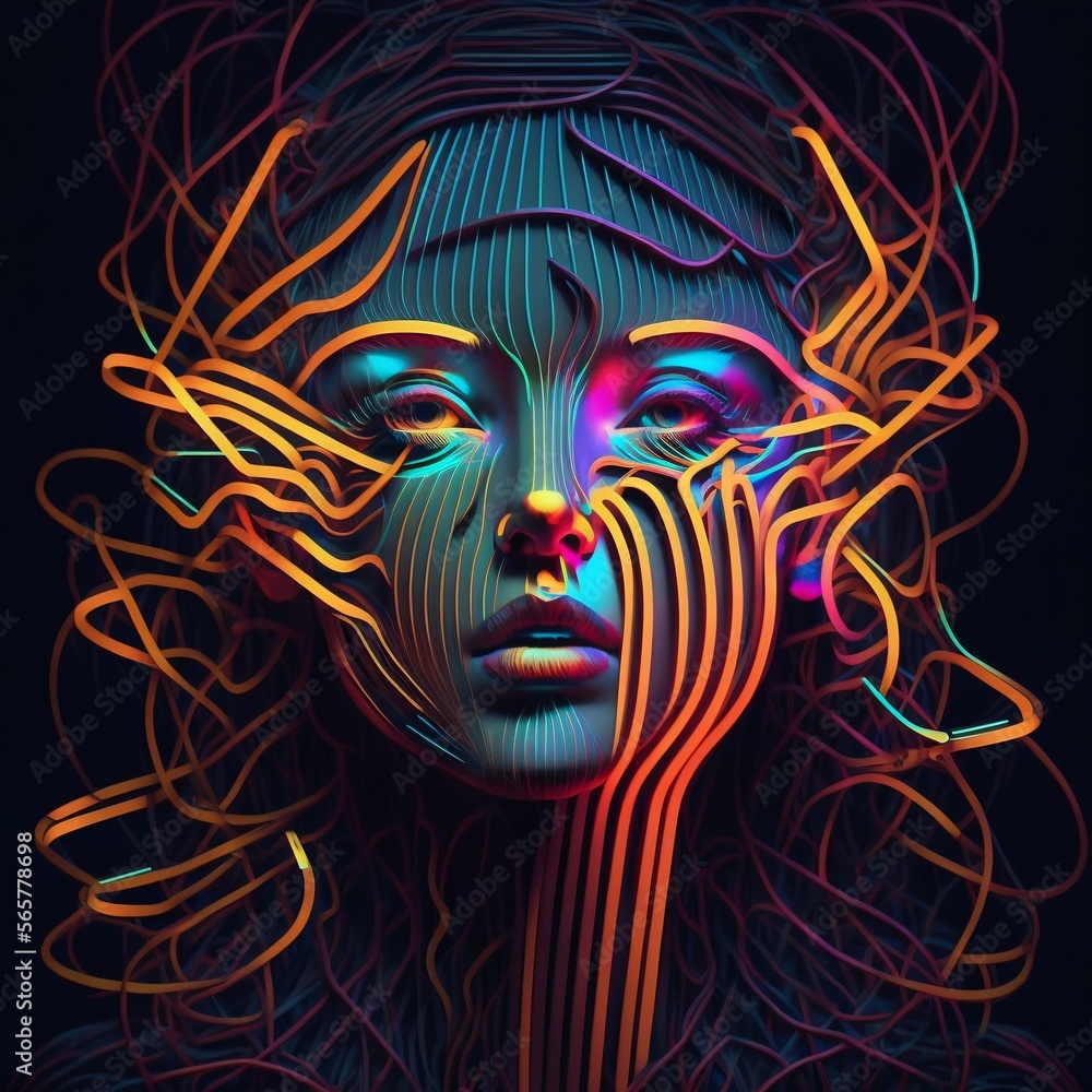 Abstract neon girl line art. Generative Ai