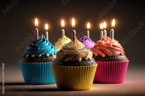 Colorful happy birthday cupcakes with Candles ,isolated on black background,Generative ai