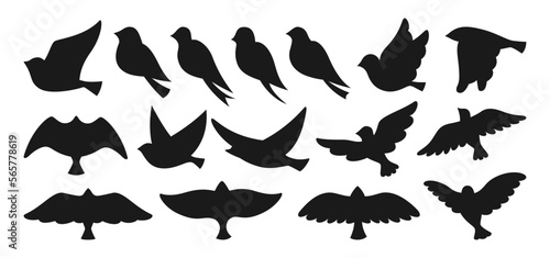 Bird dove silhouette shape set. Modern trendy abstract fowl sparrow, dove pigeon figure illustration. Cute various simple contour birds songbird collection. Drawing engraved press graphic elements