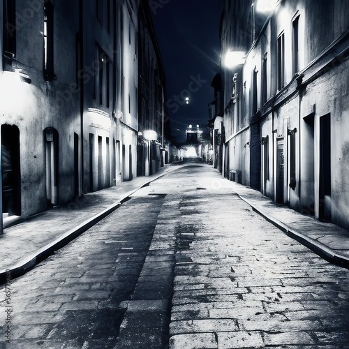 Dark Old City Street at Night in Black and White Lite by Street Lights, Quiet with No People 