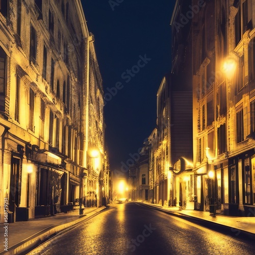 Dark Old City Street at Night in Black and White Lite by Street Lights  Quiet with No People 