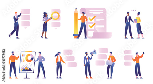 Business people working set. Collection of scenes with business processes, man and woman with documents, graph, chart and diagrams. Cartoon flat vector illustrations isolated on white background © Rudzhan