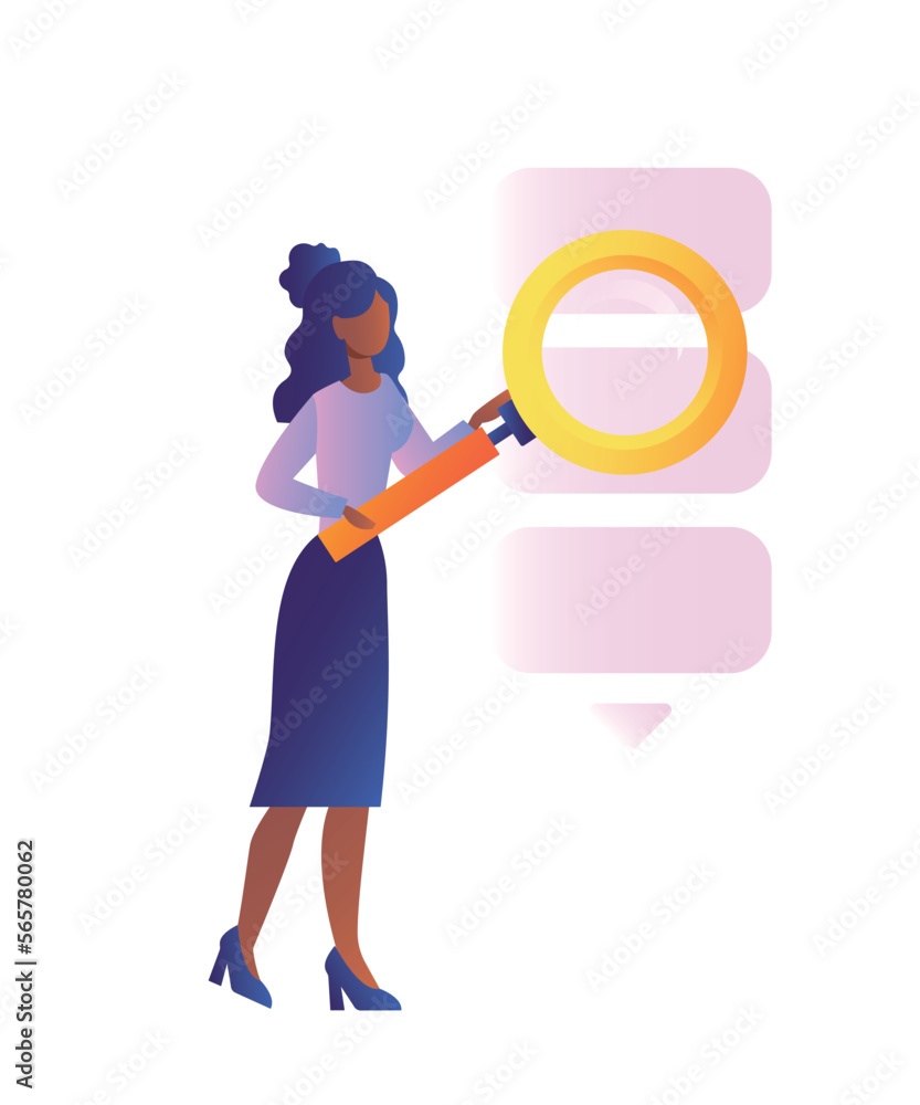 Business woman with loupe concept. Girl with loupe and looks at speech bubbles and works on projects, infographics and systematization. Inspection and verification. Cartoon flat vector illustration Business woman with loupe concept. Girl with loupe and looks at speech bubbles and works on projects, infographics and systematization. Inspection and verification. Cartoon flat vector illustration