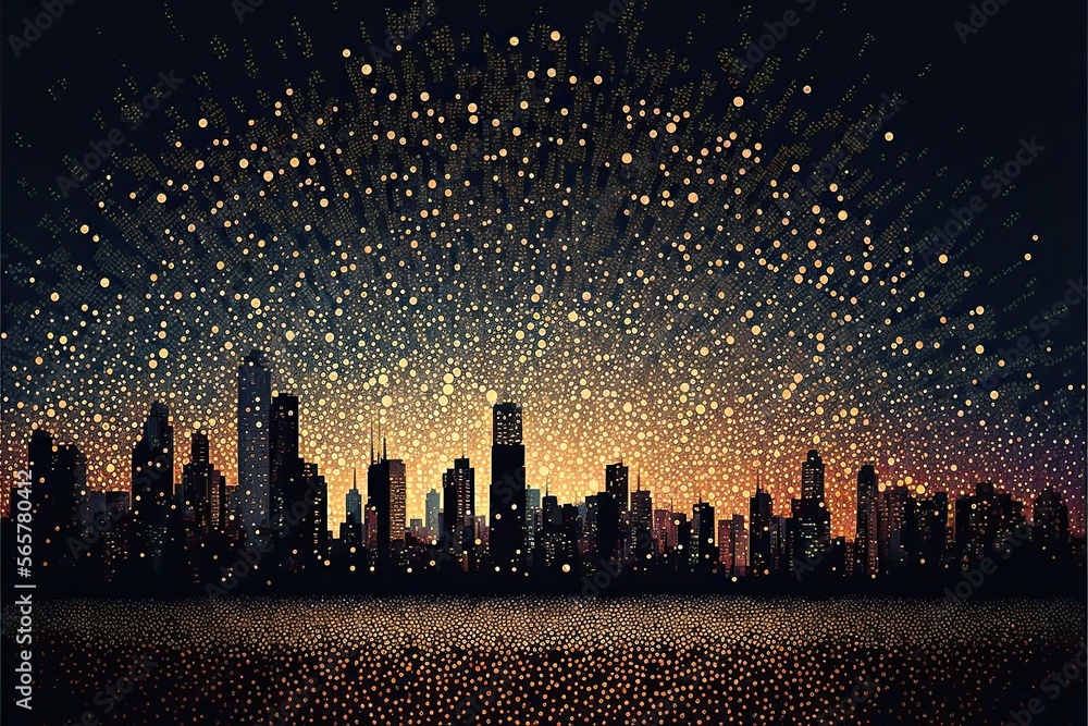 AI-generated illustration in not-quite-pointillist style of a city skyline at night. MidJourney.