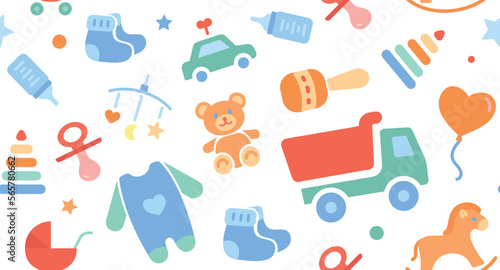 Child color seamless pattern. Repeating design element for printing on fabric. Childrens toys and clothes, rompers, bear and dump truck. Water bottle and rattle. Cartoon flat vector illustration