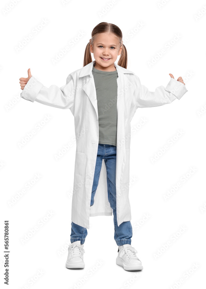 Little girl in medical uniform showing thumbs up on white background Little girl in medical uniform showing thumbs up on white background