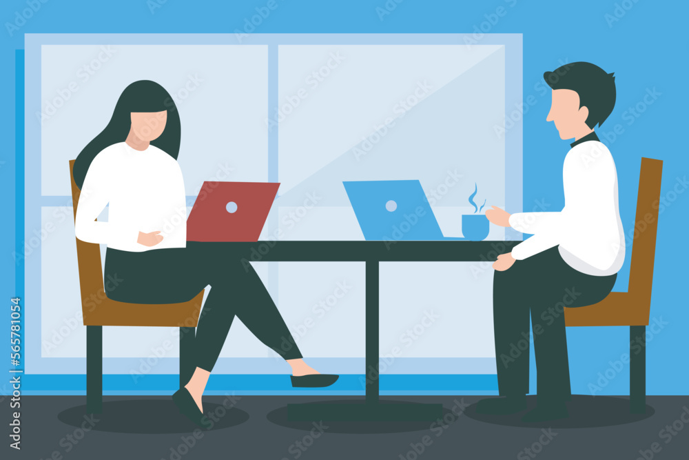 Obraz premium vector flat illustration of two business people working remotely in a caffe casually drinking coffee and doing work. enjoying bussines, laptop, remote working