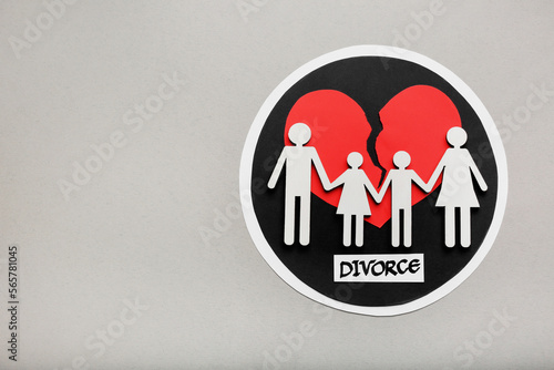 Word Divorce, broken heart and paper cutout of family on light grey background, flat lay with space for text