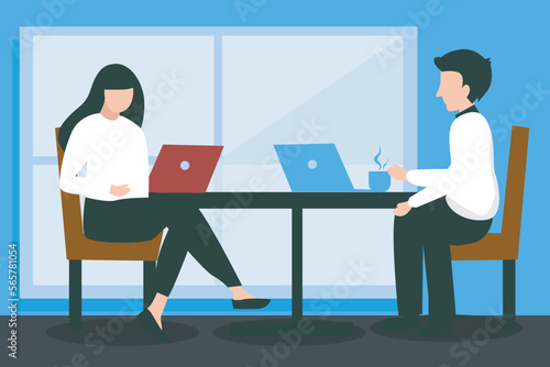 vector flat illustration of two business people working remotely in a caffe casually drinking coffee and doing work. enjoying bussines, laptop, remote working