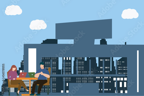 vector flat illustration of two business people working remotely in a caffe casually drinking coffee and doing work. enjoying bussines, laptop, remote working