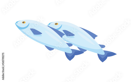 Two blue fish. Natural and organic product, fish farming for sale. Nature and fauna, marine inhabitants. Poster or banner for website. Cartoon isometric vector illustration