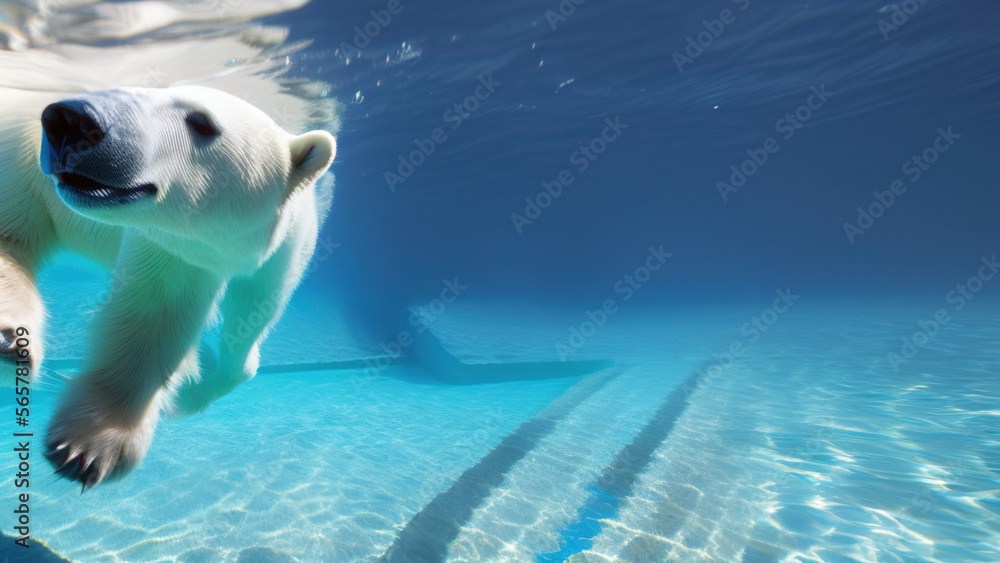 Fototapeta premium polar bear swimming in blue water, white bear, ocean, north pole, Generative AI