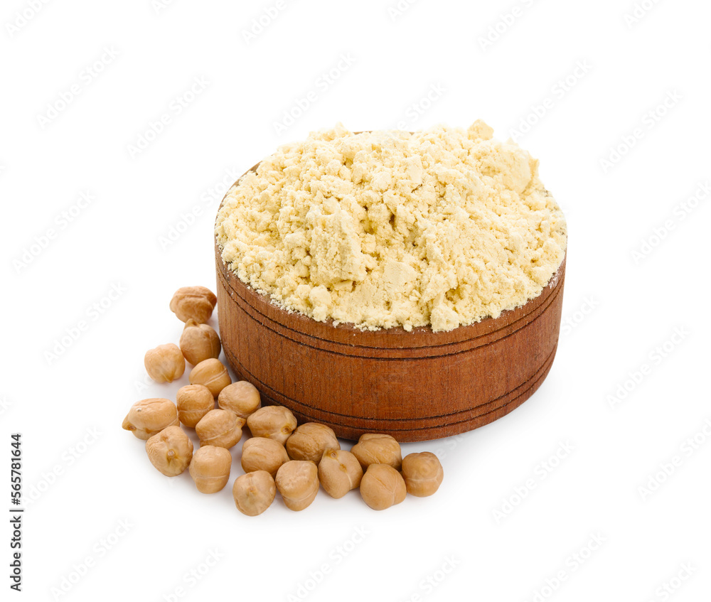 Chickpea flour in wooden bowl and seeds isolated on white Chickpea flour in wooden bowl and seeds isolated on white