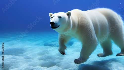 polar bear swimming in blue water, white bear, ocean, north pole, Generative AI