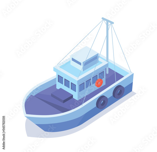Fishing boat concept. Transportation and logistics, travel. International trade and globalization. Interface for programs and applications. Cartoon isometric vector illustration