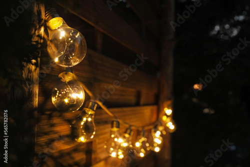 Garland of lamp bulbs hanging on wooden wall, space for text. String lights