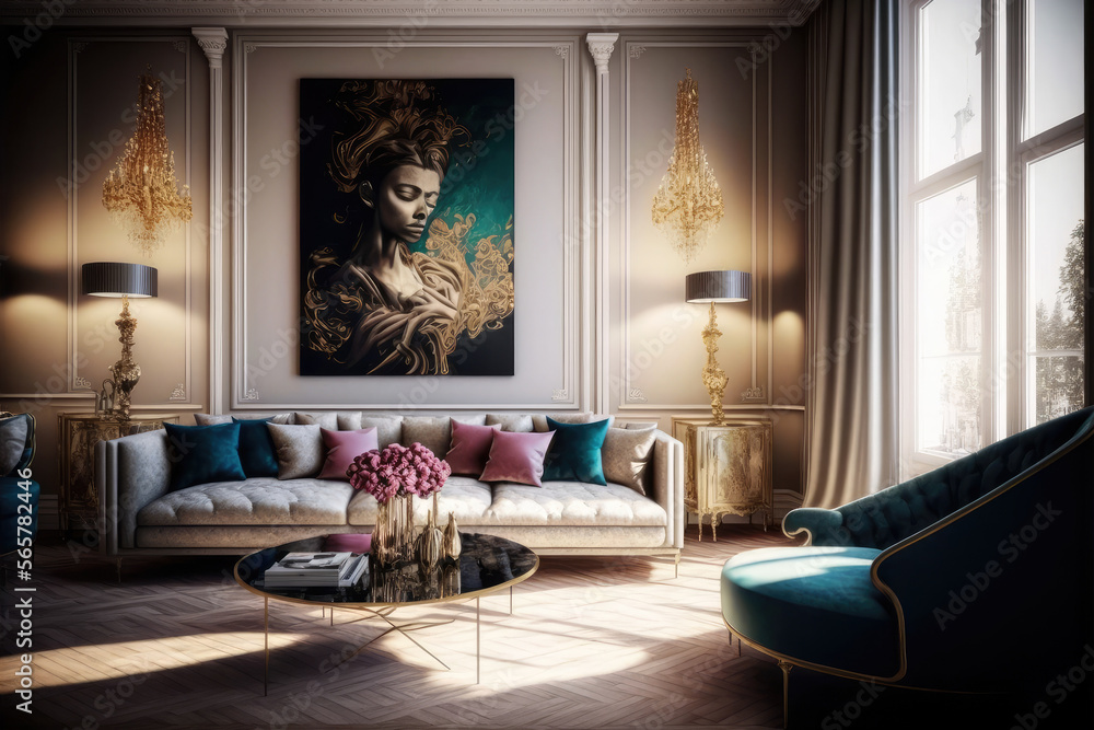 Luxury interior of home or hotel living room design with elegant retro  stylish furniture decorated with antique expensive accessories. Peculiar AI  generative image. Illustration Stock | Adobe Stock