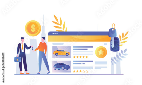 Paying credit for car. Vehicle rental. Men choose to purchase on website, online shopping. Modern technologies and digital world. Ranking and rating concept. Cartoon flat vector illustration