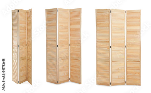Set with photos of wooden room divider screen on white background