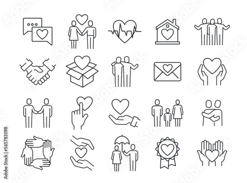 Care line icons set. Collection of graphic elements for website. Charity, kindness and generosity, donations and fund, activism. Cartoon flat vector illustratios isolated on white background