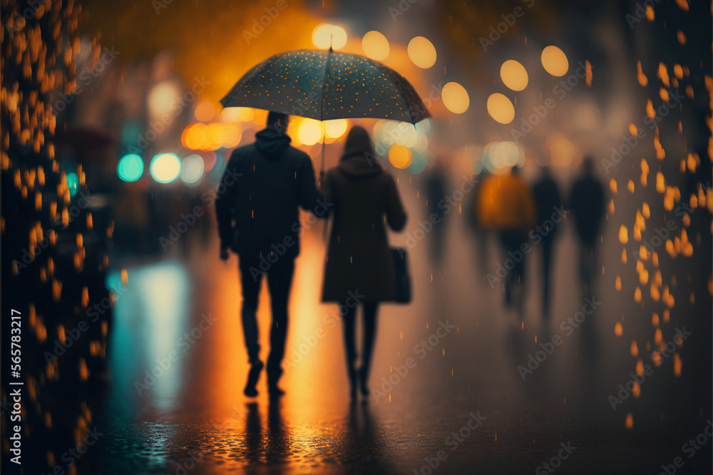 couple walking in the rain with umbrella and blur effects, generative AI