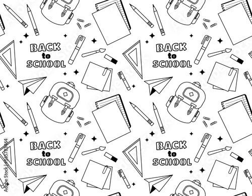 Back to School seamless pattern line. Minimalistic creativity and art. Backpack, notebook, pencils and pens. Education, learning and training, September 1. Cartoon flat vector illustration