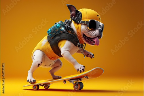 funny DOG ,puppy on skateboard ,isolated on yellow background,Generative ai photo