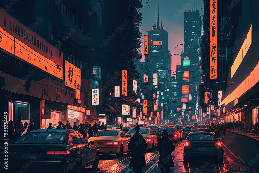 A bustling city at night, with the lights illuminating the tall buildings and the streets filled with cars and people - generative ai