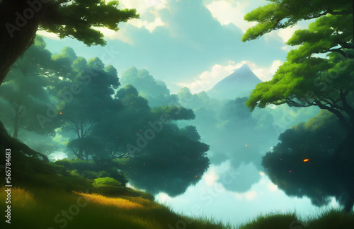 Artwork of a lake in a lush forest