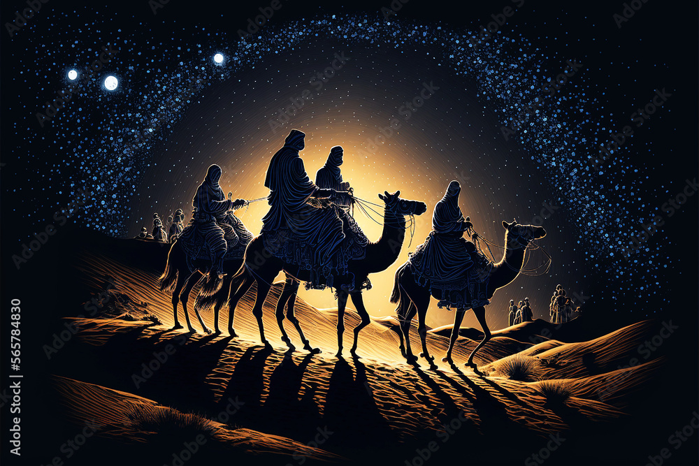 caravan of camels going through desert with moon graphic illustration at beautiful night generative ai - obrazy, fototapety, plakaty 