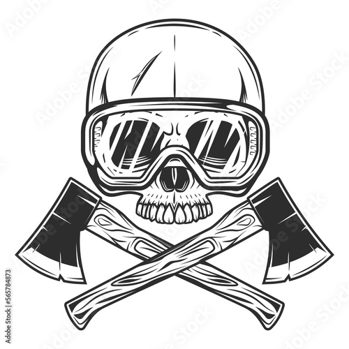 Wooden axe construction builder tool. Half skull in safety glasses and crossed metal ax with handle made of wood. Element for business woodworking or lumberjack emblem or icon.