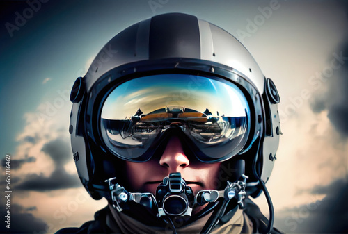 Head shot of fighter pilot flying on the high sky in the airspace for national defense or world war. Portrait of soldier photo