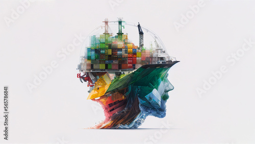 Future of Container ship loading and unloading  Cargo construction engineering the devotion project with double exposure to civil engineering design. Future modern construction projects. Generative AI