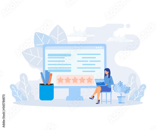 Various Online Survey and Rating Icons. Characters Filling Survey Form, putting Check Marks on Checklist and giving Five Star Feedback. User Experiences Concept. flat vector modern illustration