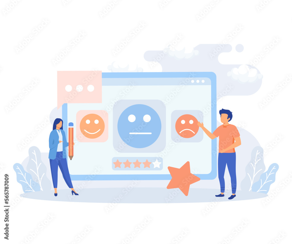 Review illustration set. People сharacters giving five star feedback. Clients choosing satisfaction rating. Customer service and user experience concept. flat vector illustration