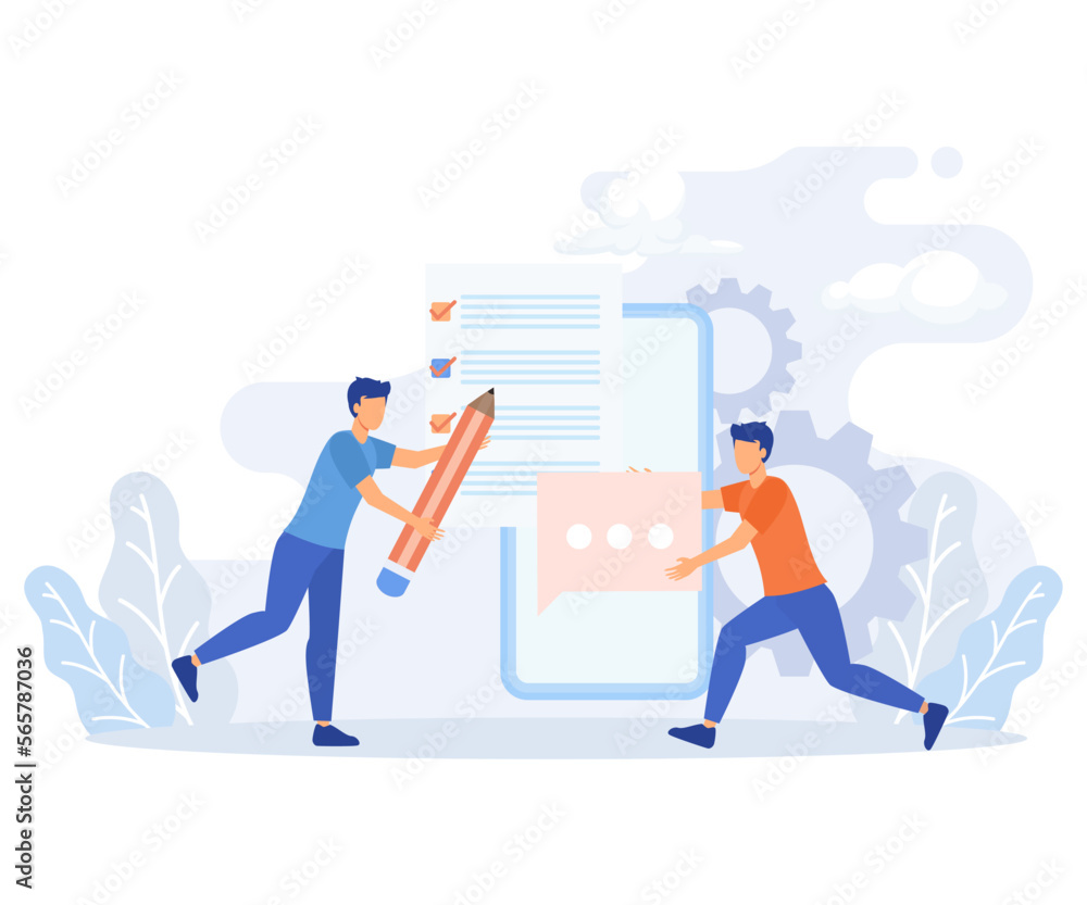 Feedback illustration set. Characters filling survey form, giving positive feedback and filing checklist on smartphone and computer. User experiences concept flat vector illustration Feedback illustration set. Characters filling survey form, giving positive feedback and filing checklist on smartphone and computer. User experiences concept flat vector illustration