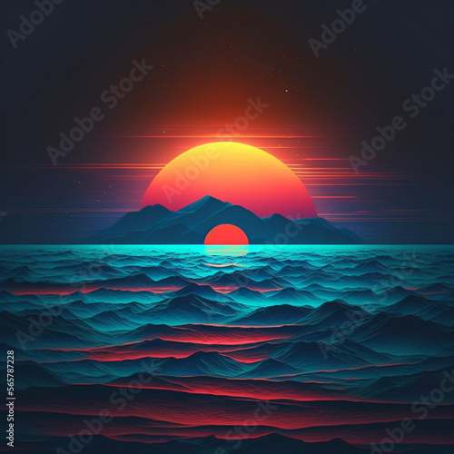 blue ocean in a 80's style, realistic, sun set, Generative AI