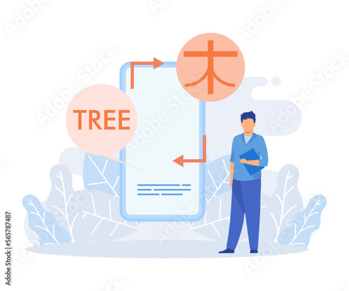 Characters learning English language illustration set. Student studying with smartphone, book and practicing reading, listening and speaking in English. Online education concept. flat vector illustrat